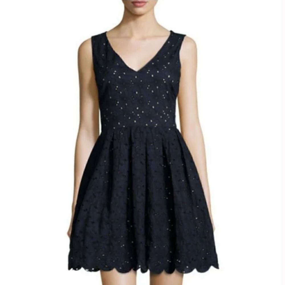 Karl Lagerfeld Navy Blue Cotton Eyelet Sleeveless V-Neck Summer Mini Dress